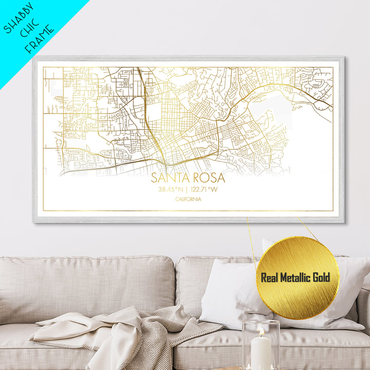 Santa Rosa California City street map, Metallic Gold Print, Metal Art, wood framed map, black and gold, Street Map Art, Minimalist Wall Art