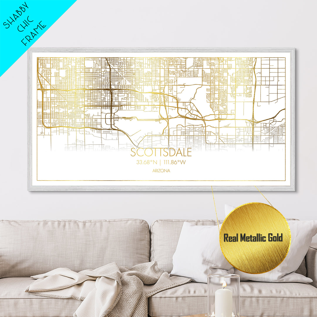 Scottsdale Arizona City Poster, Metallic Gold Art, Metal Art, real wood frames, black and gold, Street Map Wall Art, Map Art