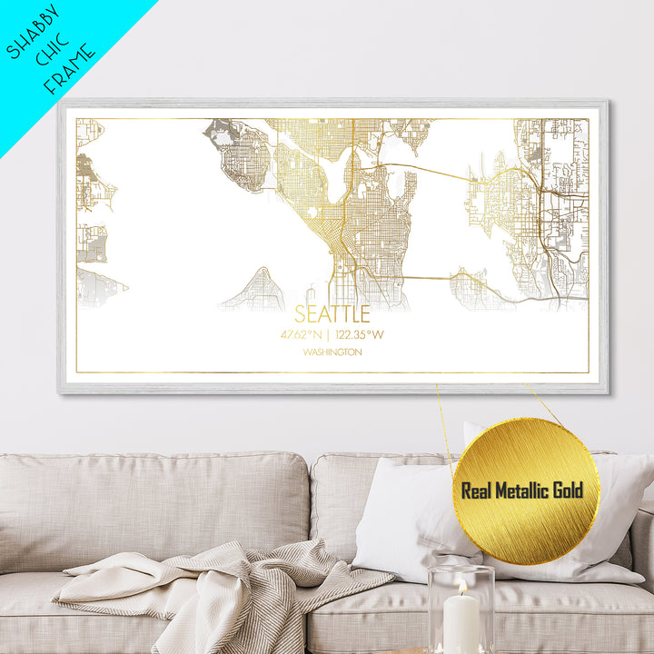 Seattle Washington City street map, Metallic Gold Print, Metal Art, wood framed map, black and gold, Street Map Art, Gold Street Map Art