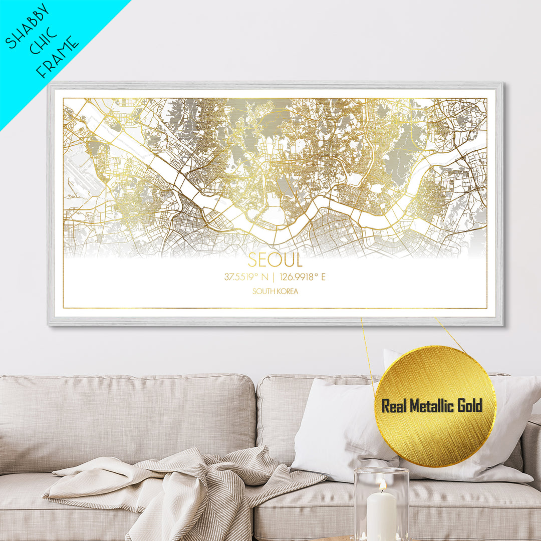 Seoul South Korea City Poster, Metallic Gold Art, Metal Art, real wood frames, black and gold, Street Map Wall Art, Office Decor