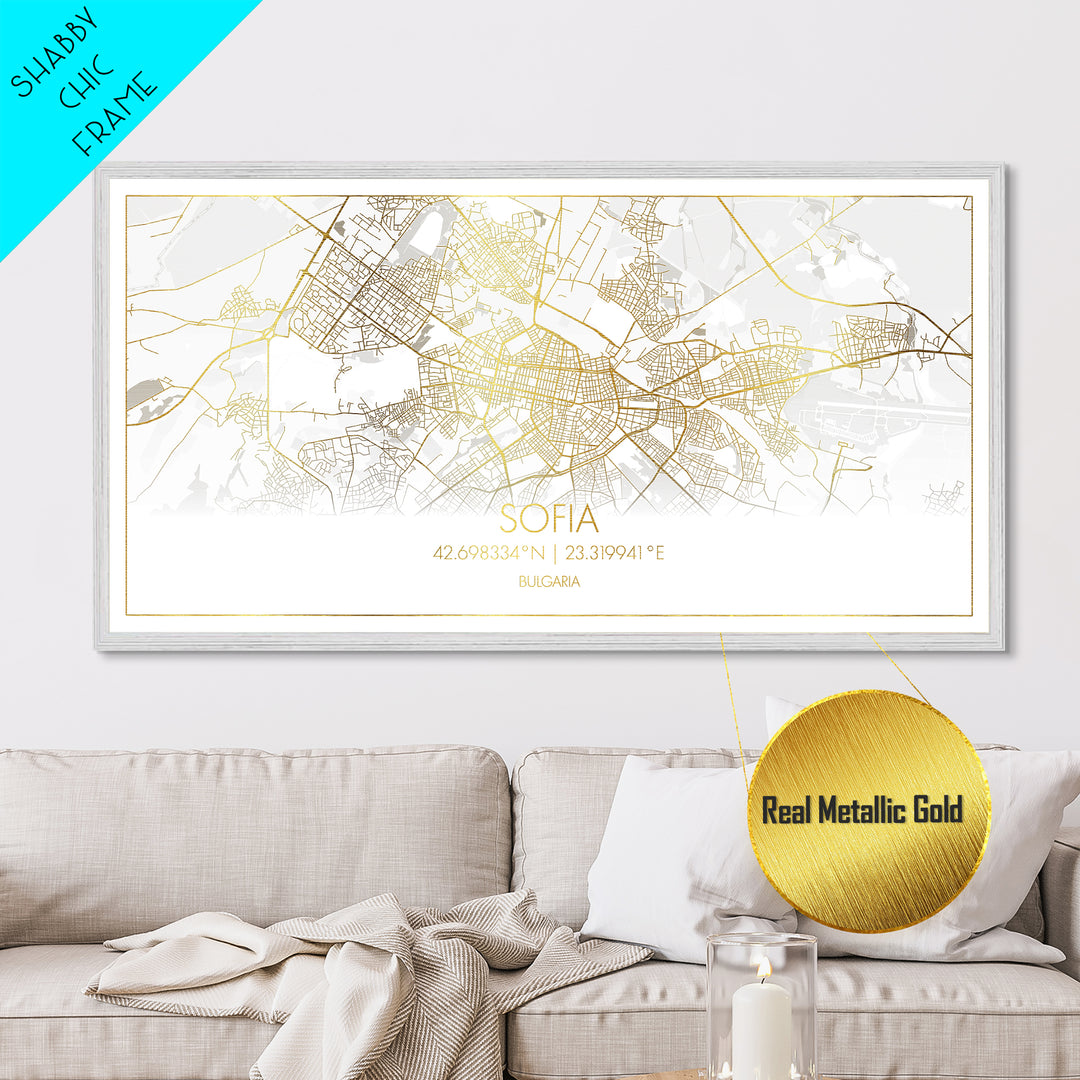 Sofia Bulgaria City Poster, Metallic Gold Art, Metal Art, real wood frames, black and gold, Street Map Wall Art, Modern Wall Art