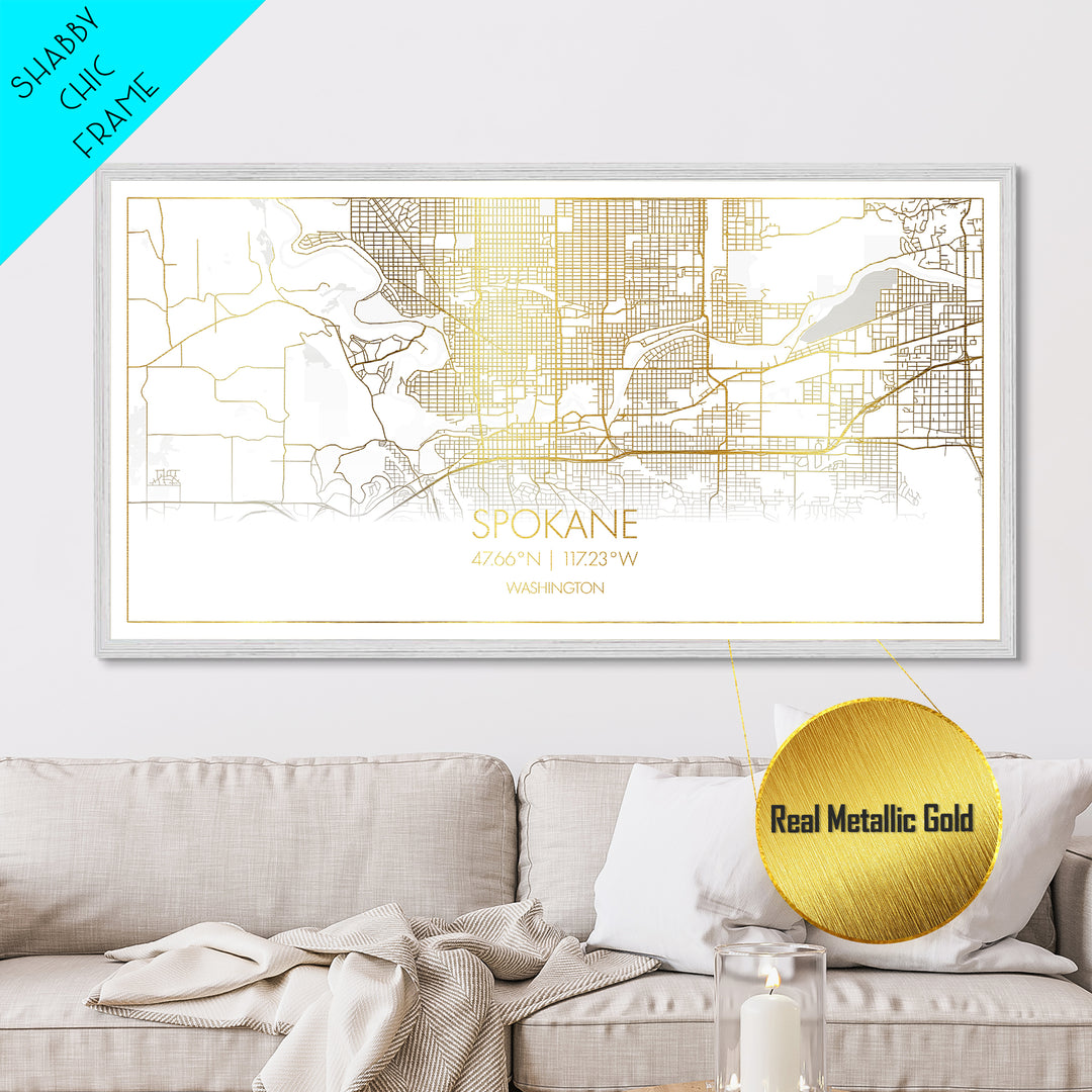 Spokane Washington City street map, Metallic Gold Print, Metal Art, wood framed map, black and gold, Street Map Art, Modern Wall Art