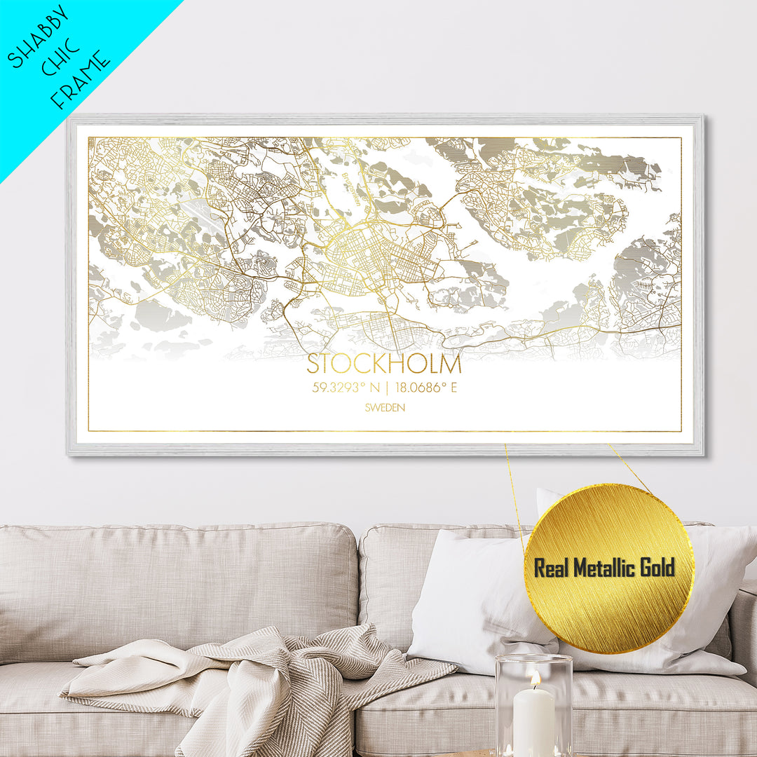 Stockholm Sweden City Poster, Metallic Gold Art, Metal Art, real wood frames, black and gold, Street Map Wall Art, Housewarming Gift