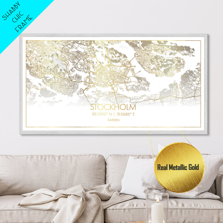 Stockholm Sweden City Poster, Metallic Gold Art, Metal Art, real wood frames, black and gold, Street Map Wall Art, Housewarming Gift