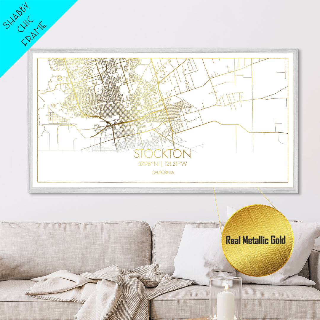 Stockton California City street map, Metallic Gold Print, Metal Art, wood framed map, black and gold, Street Map Art, Modern Wall Art