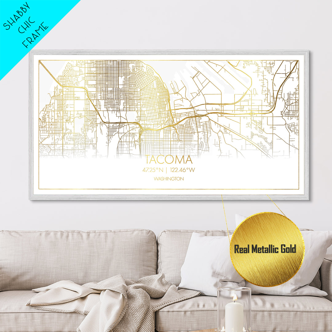 Tacoma Washington City Poster, Metallic Gold Art, Metal Art, real wood frames, black and gold, Street Map Wall Art, College Dorm Décor