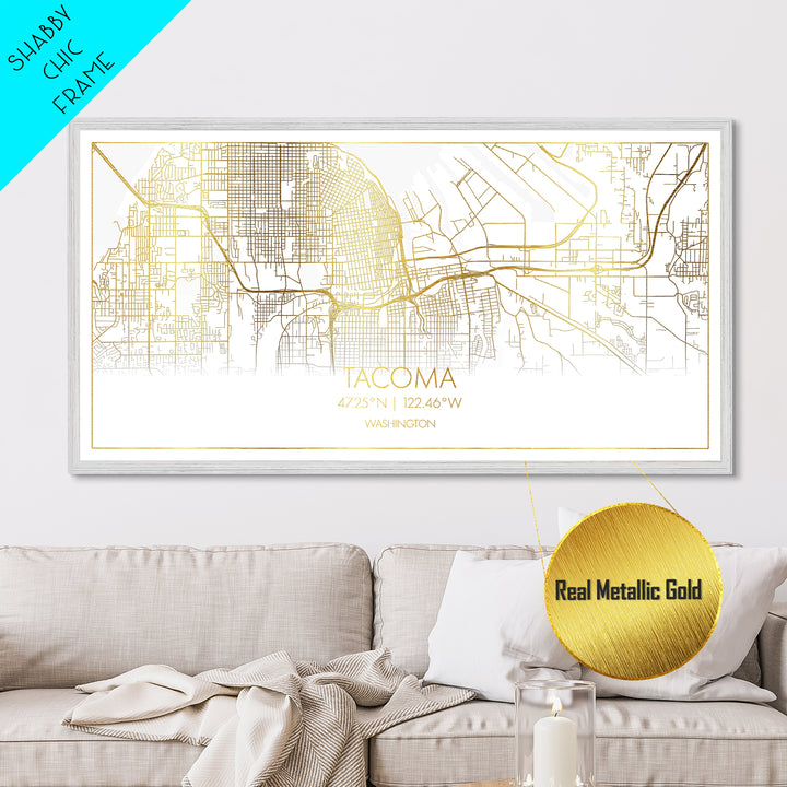 Tacoma Washington City Poster, Metallic Gold Art, Metal Art, real wood frames, black and gold, Street Map Wall Art, College Dorm Décor