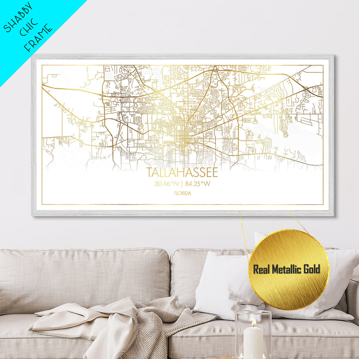 Tallahassee Florida City street map, Metallic Gold Print, Metal Art, wood framed map, black and gold, Street Map Art, Office Decor
