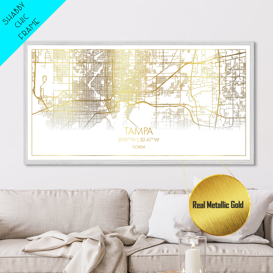 Tampa Florida City Poster, Metallic Gold Art, Metal Art, real wood frames, black and gold, Street Map Wall Art, Real Wood Frames