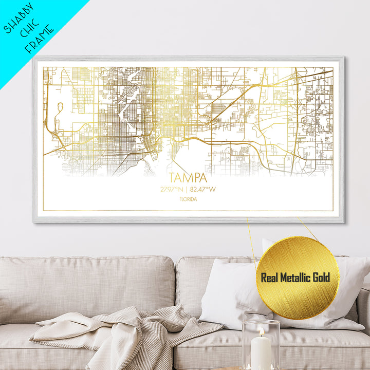Tampa Florida City Poster, Metallic Gold Art, Metal Art, real wood frames, black and gold, Street Map Wall Art, Real Wood Frames