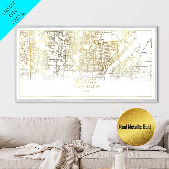 Toledo Ohio City street map, Metallic Gold Print, Metal Art, wood framed map, black and gold, Street Map Art, Gold Street Map Art