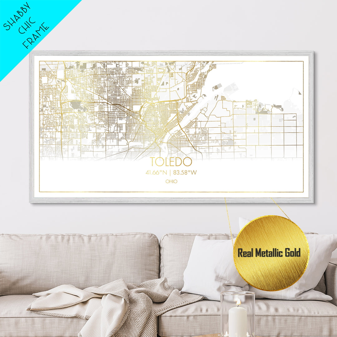 Toledo Ohio City Poster, Metallic Gold Art, Metal Art, real wood frames, black and gold, Street Map Wall Art, Real Wood Frames