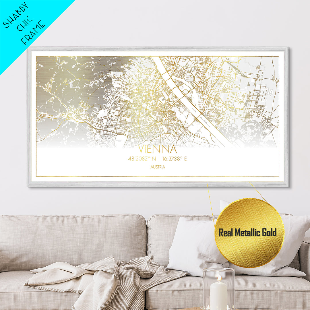 Vienna Austria City street map, Metallic Gold Print, Metal Art, wood framed map, black and gold, Street Map Art, Map Print Poster