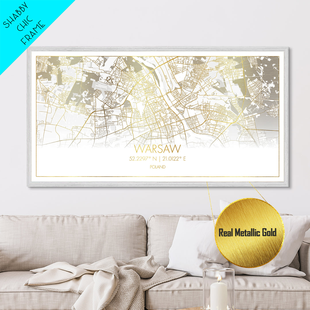 Warsaw Poland City street map, Metallic Gold Print, Metal Art, wood framed map, black and gold, Street Map Art, Real Wood Frames