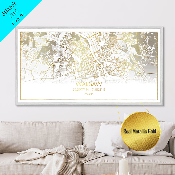Warsaw Poland City street map, Metallic Gold Print, Metal Art, wood framed map, black and gold, Street Map Art, Real Wood Frames