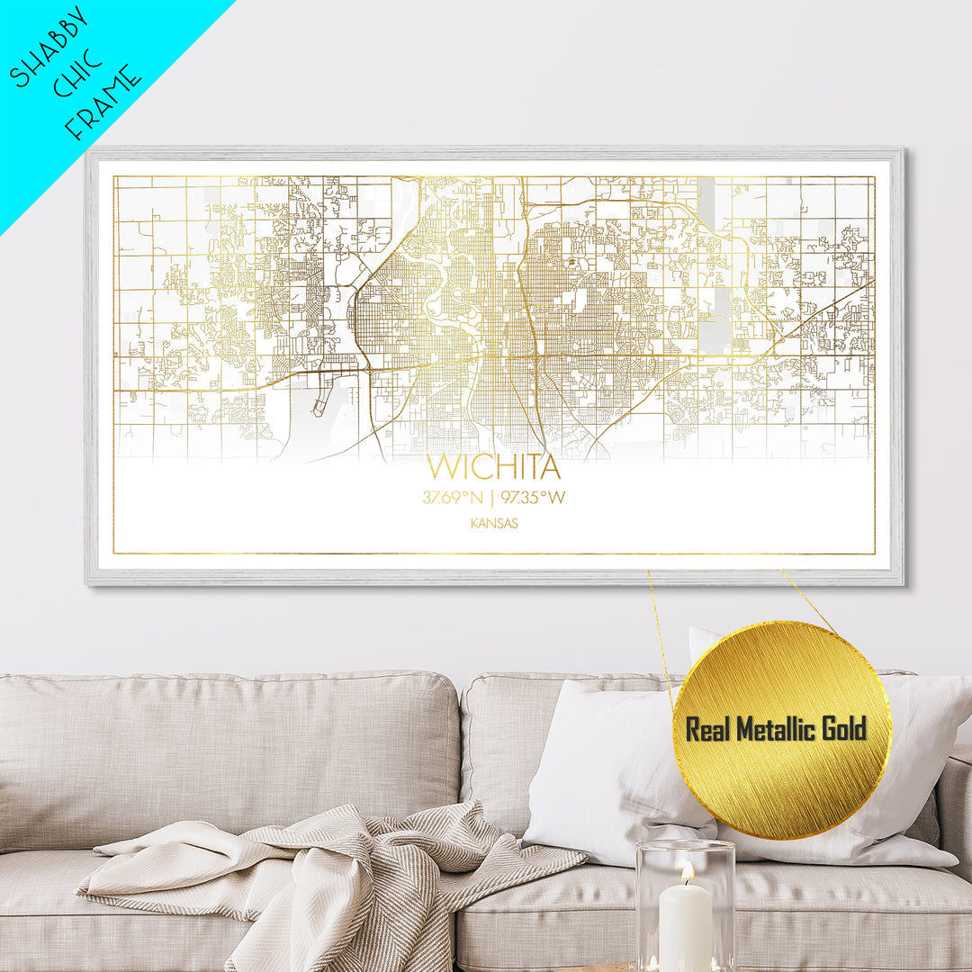 Wichita Kansas City street map, Metallic Gold Print, Metal Art, wood framed map, black and gold, Street Map Art, Minimalist Wall Art