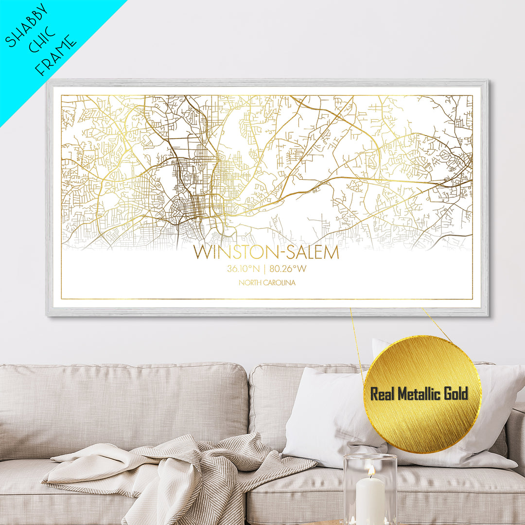 Winston Salem North Carolina City Poster, Metallic Gold Art, Metal Art, real wood frames, black and gold, Street Map Wall Art, Housewarming Gift