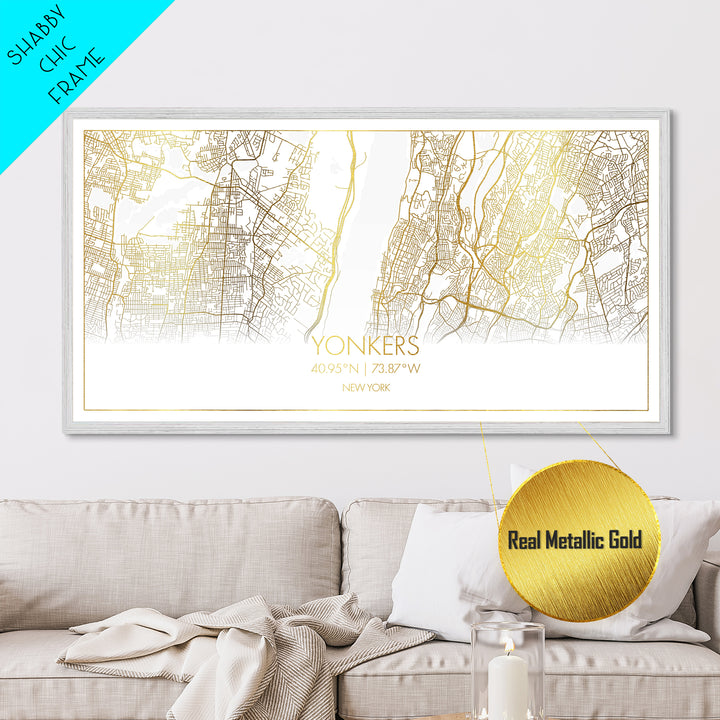 Yonkers New York City Poster, Metallic Gold Art, Metal Art, real wood frames, black and gold, Street Map Wall Art, Real Wood Frames