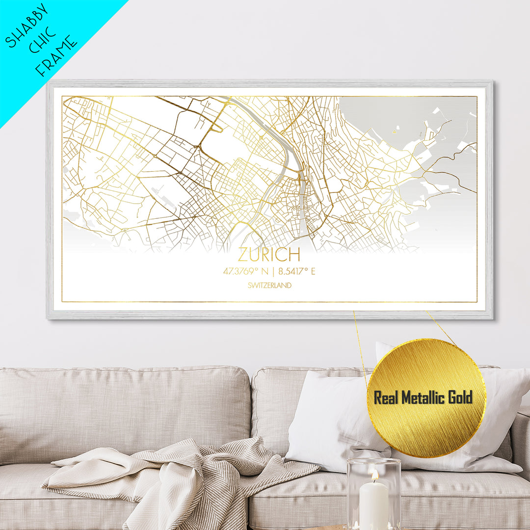 Zurich Switzerland City street map, Metallic Gold Print, Metal Art, wood framed map, black and gold, Street Map Art, Best Friend Gifts