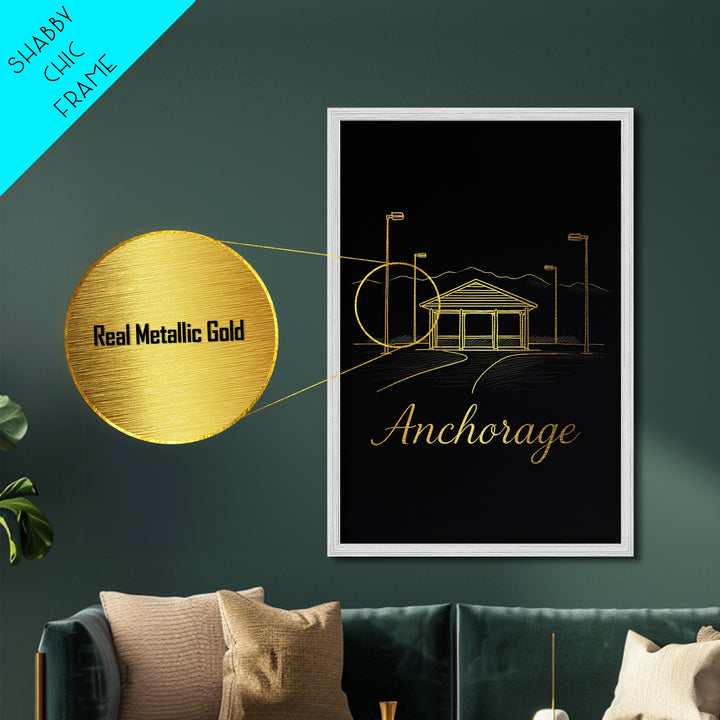 Anchorage Alaska Art, Metallic Gold Print, Wood Framed Art, Metal Art, Minimalist Wall Art, Adventure Lover Gift