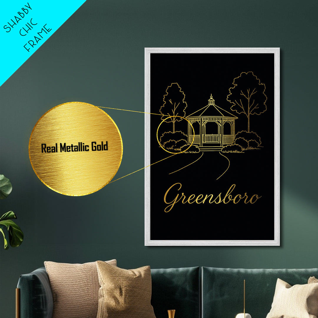 Greensboro North Carolina Art, Metallic Gold Print, Wood Framed Art, Metal Art, Modern House Art, Birthday Gift, Bedroom Wall Art
