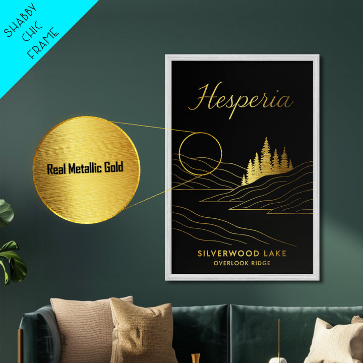 Hesperia California Art, Metallic Gold Print, Wood Framed Art, Metal Art, Modern House Art, Wanderlust Gift, Hallway Wall Art