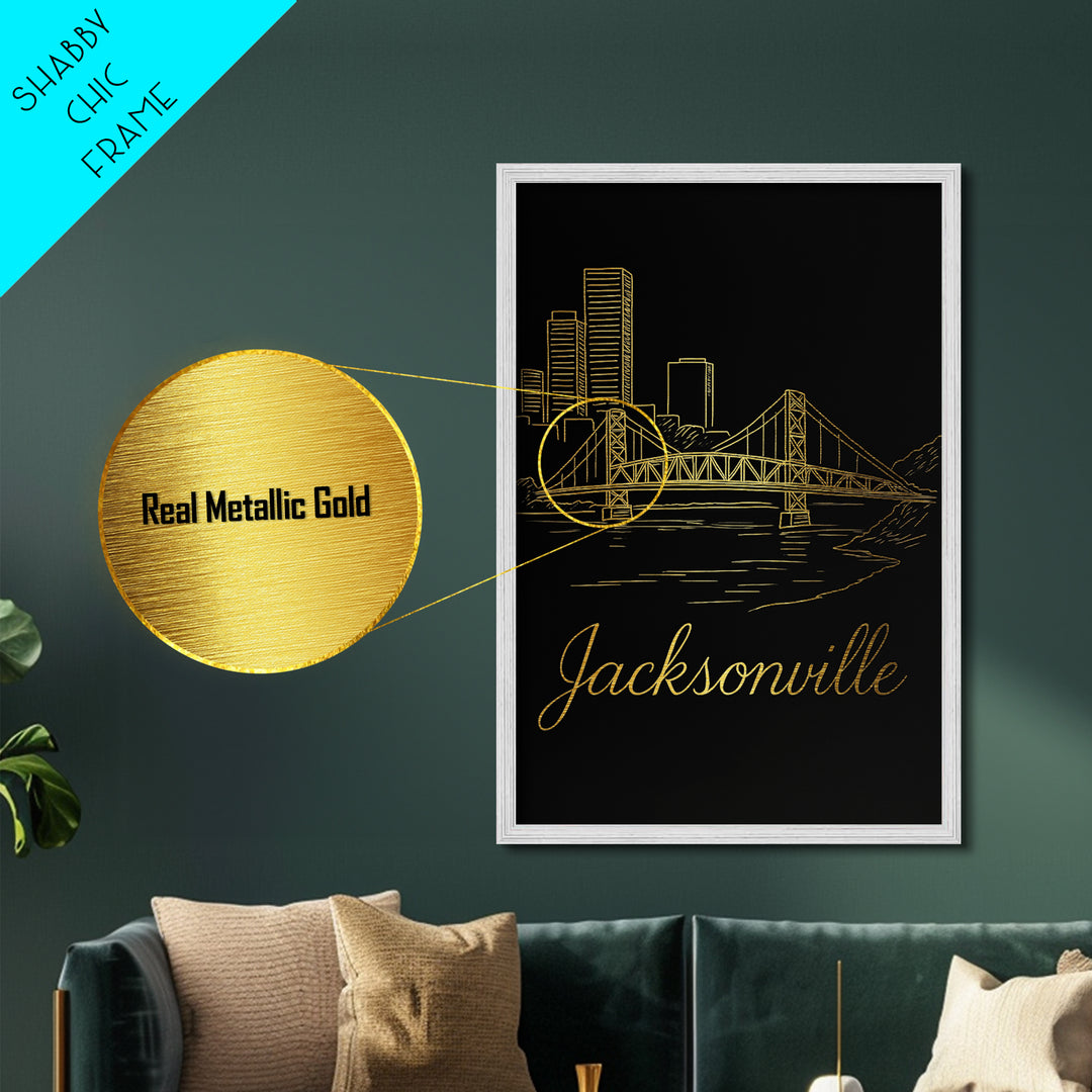 Jacksonville Florida Travel, Metallic Gold Print, Wood Framed Art, Metal Art, Modern Wall Art, Traveler Gift, Hallway Wall Art