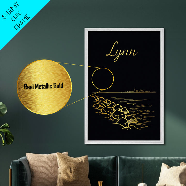 Lynn Massachusetts Art, Metallic Gold Art, Wood Framed Art, Metal Art, Traveler Gift, Entryway Wall Print, Living Room Art