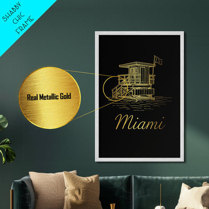 Miami Florida Art, Metallic Gold Print, Wood Framed Art, Metal Art, Adventure Lover Gift, Entryway Wall Print, Living Room Art