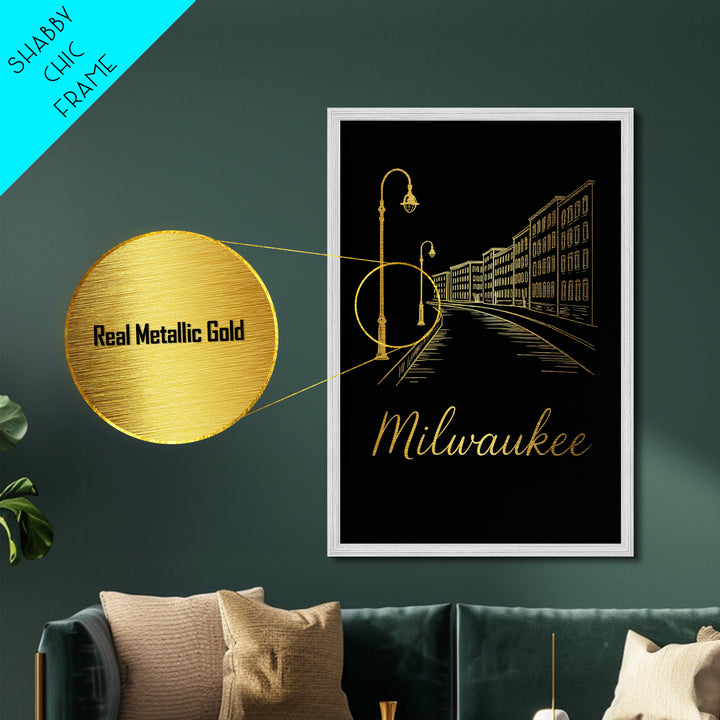 Milwaukee Wisconsin Art, Metallic Gold Print, Wood Framed Art, Metal Art, Birthday Gift, Living Room Art, Entryway Wall Print