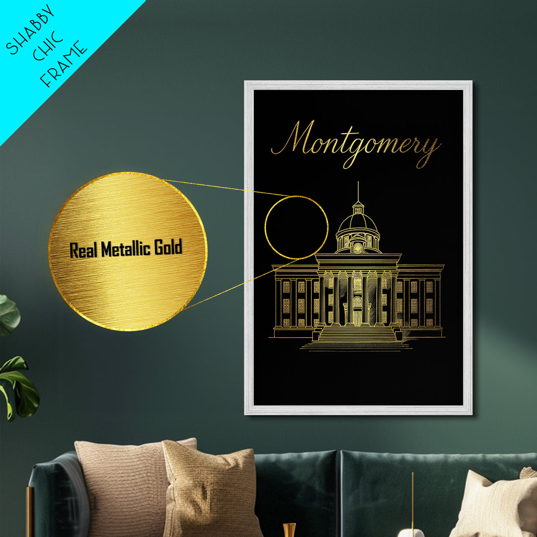 Montgomery Alabama Art, Metallic Gold Art, Wood Framed Art, Metal Art, Birthday Gift, Entryway Wall Print, Hallway Wall Art