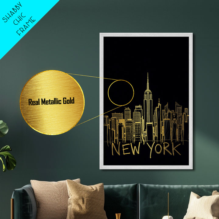 New York New York Travel, Metallic Gold Print, Wood Framed Art, Metal Art, Minimalist Wall Art, Destination Gift, Living Room Art