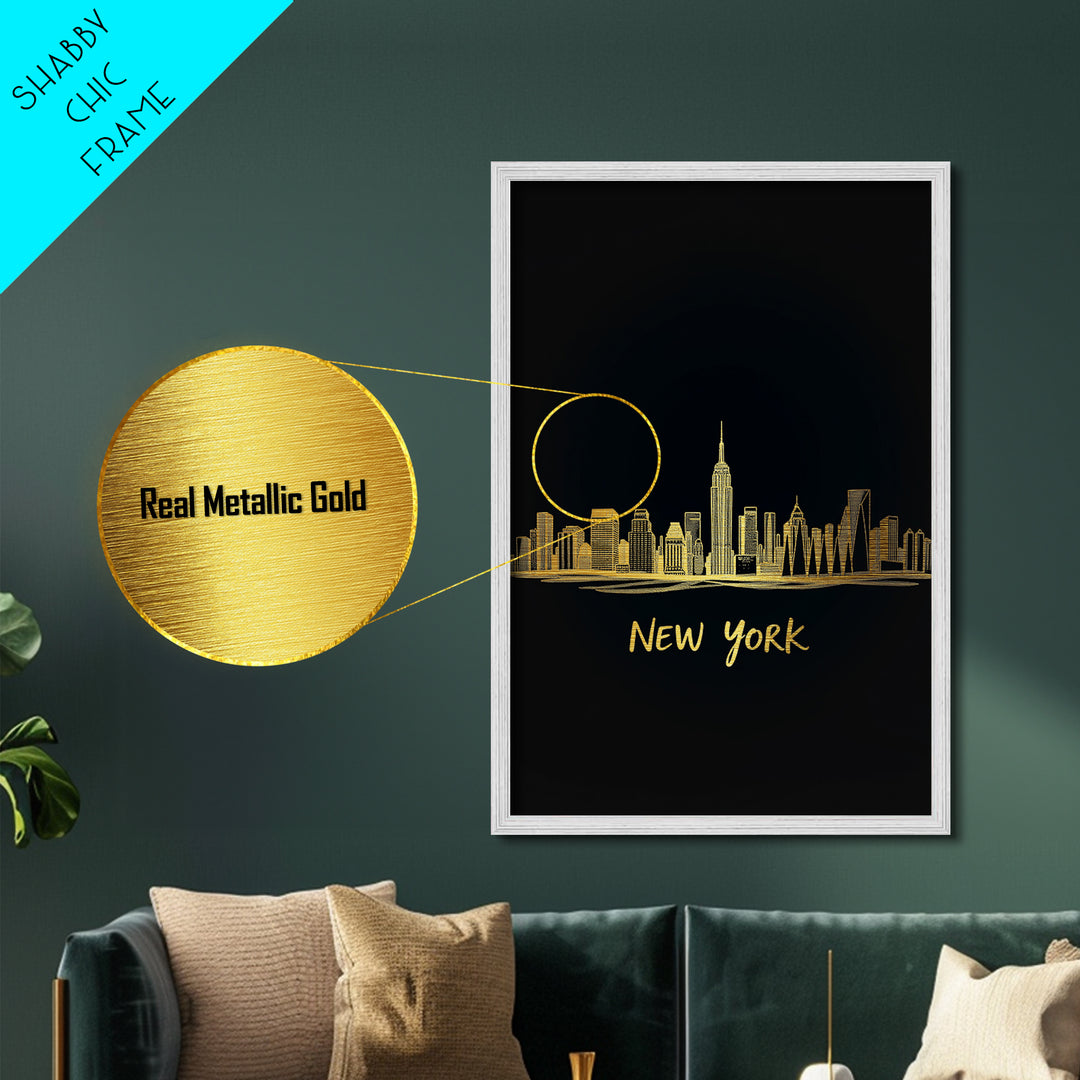New York New York Travel, Metallic Gold Print, Wood Framed Art, Metal Art, Minimalist Wall Art, Anniversary Gift, Bedroom Art