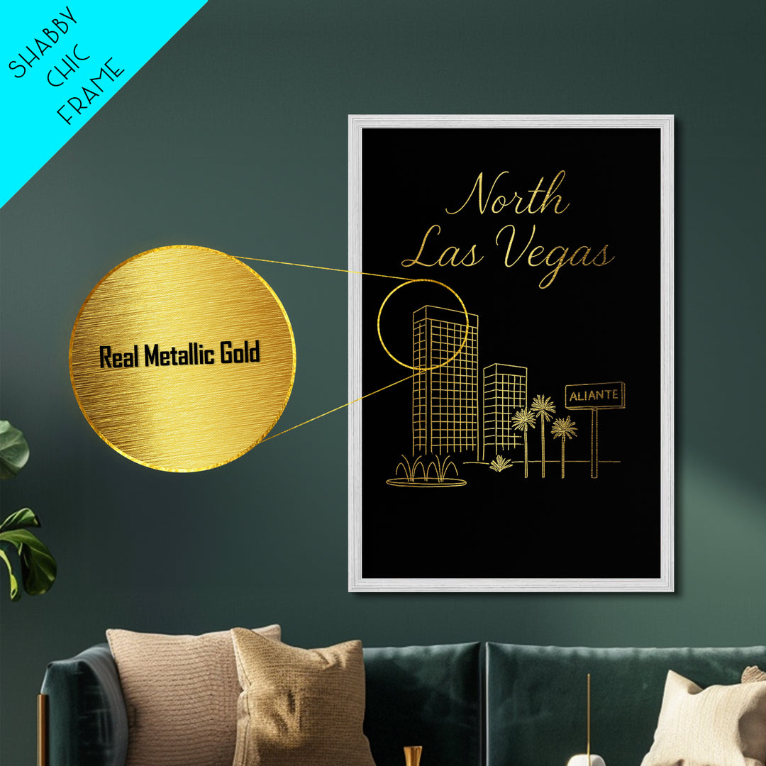 North Las Vegas Nevada Travel, Metallic Gold Art, Wood Framed Art, Metal Art, Minimalist Wall Art, Destination Gift, Living Room Art