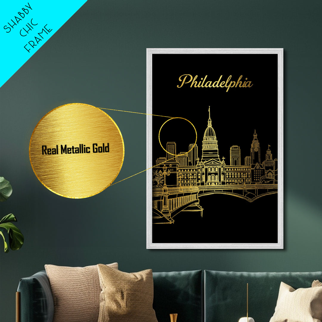 Philadelphia Pennsylvania Travel, Metallic Gold Art, Wood Framed Art, Metal Art, Traveler Gift, Bedroom Wall Art, Hallway Wall Art