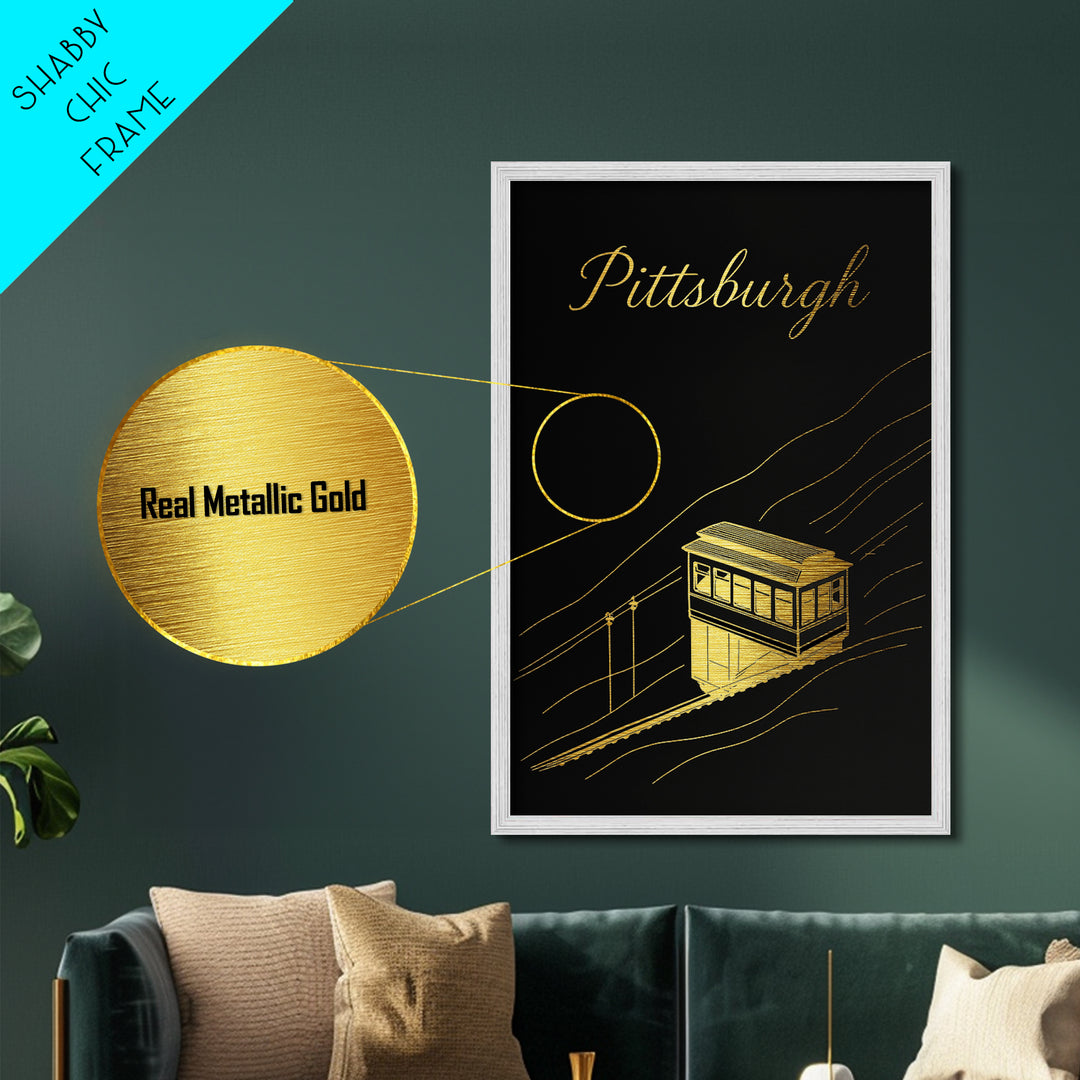 Pittsburgh Pennsylvania Travel, Metallic Gold Print, Wood Framed Art, Metal Art, Modern House Art, Honeymoon Gift, Entryway Wall Print