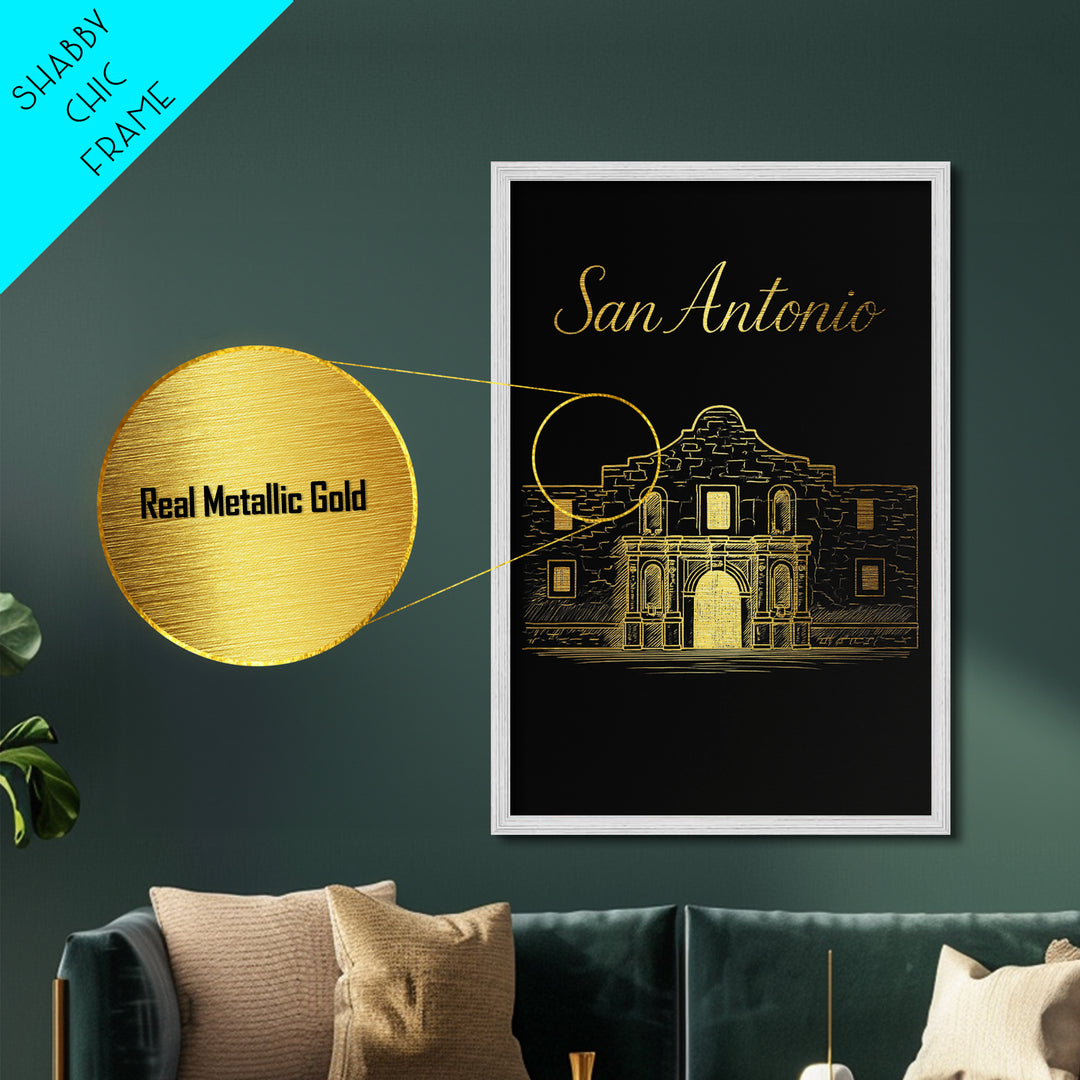 San Antonio Texas Travel, Metallic Gold Print, Wood Framed Art, Metal Art, Minimalist Wall Art, Honeymoon Gift, Bedroom Decor