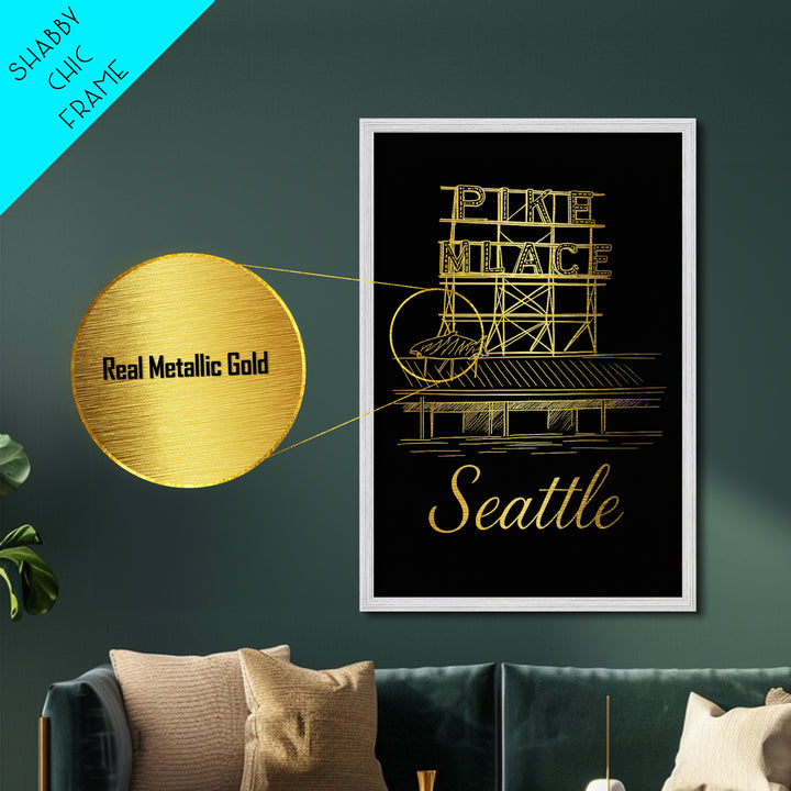 Seattle Washington Art, Metallic Gold Art, Wood Framed Art, Metal Art, Minimalist Wall Art, Anniversary Travel Gift, Bedroom Decor