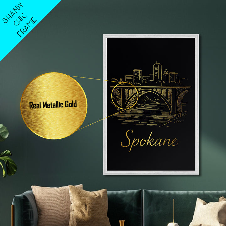 Spokane Washington Art, Metallic Gold Art, Wood Framed Art, Metal Art, Modern House Art, Honeymoon Gift, Living Room Decor