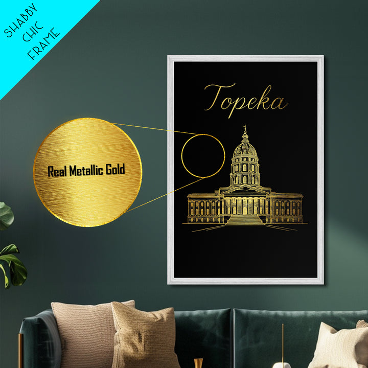 Topeka Kansas Travel, Metallic Gold Print, Wood Framed Art, Metal Art, Modern House Art, Birthday Travel Gift, Living Room Decor