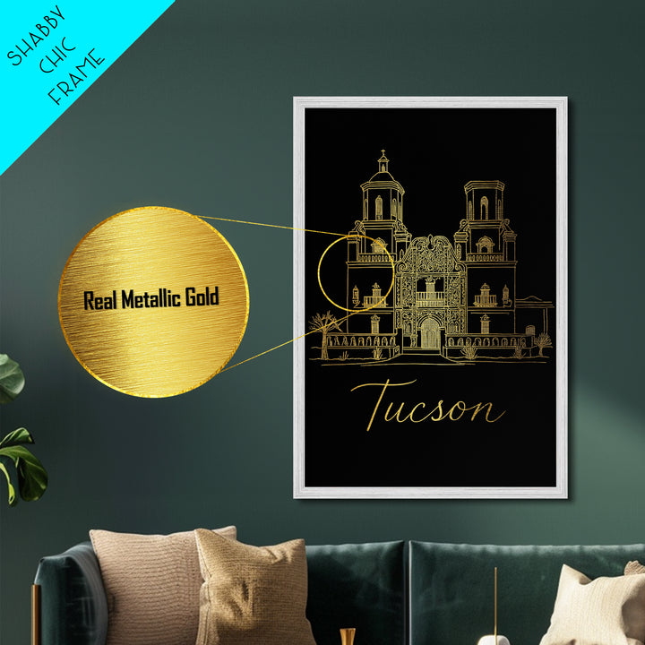 Tucson Arizona Art, Metallic Gold Art, Wood Framed Art, Metal Art, Minimalist Wall Art, Anniversary Travel Gift, Bedroom Decor