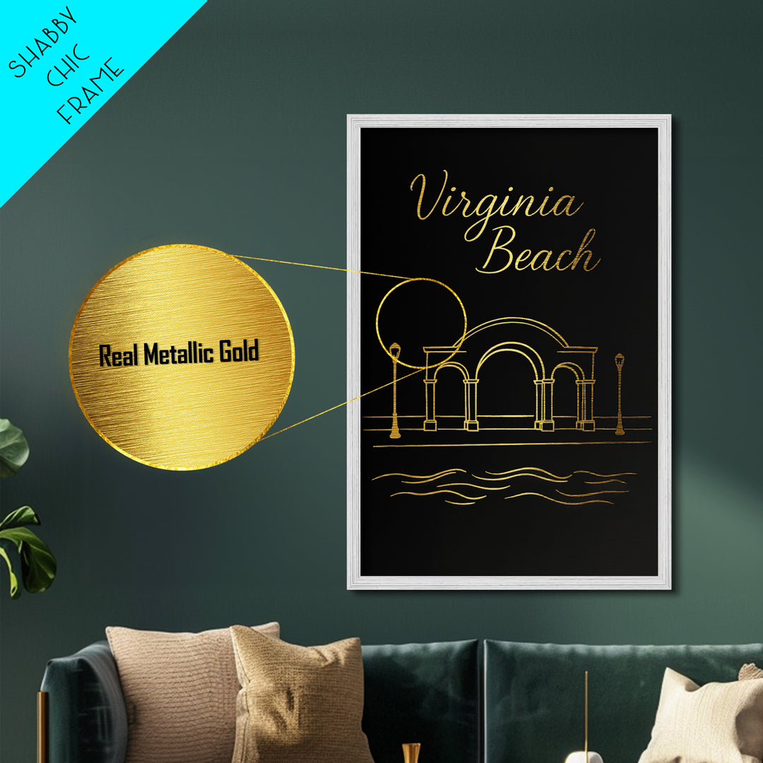 Virginia Beach Virginia Art, Metallic Gold Art, Wood Framed Art, Metal Art, Minimalist Wall Art, Wanderlust Gift, Office Decor