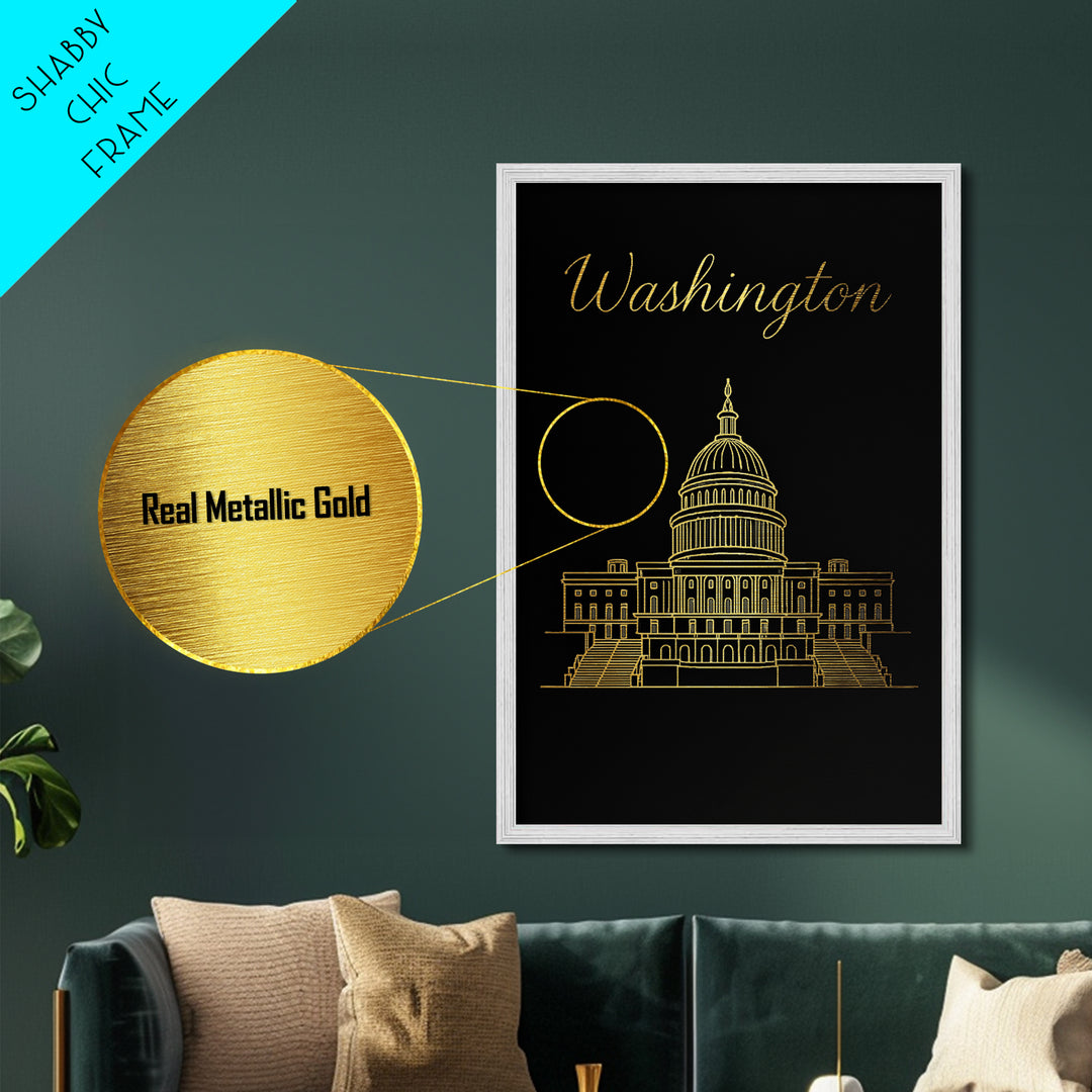Washington DC Art, Metallic Gold Art, Wood Framed Art, Metal Art, Modern House Art, Wanderlust Gift, Office Decor