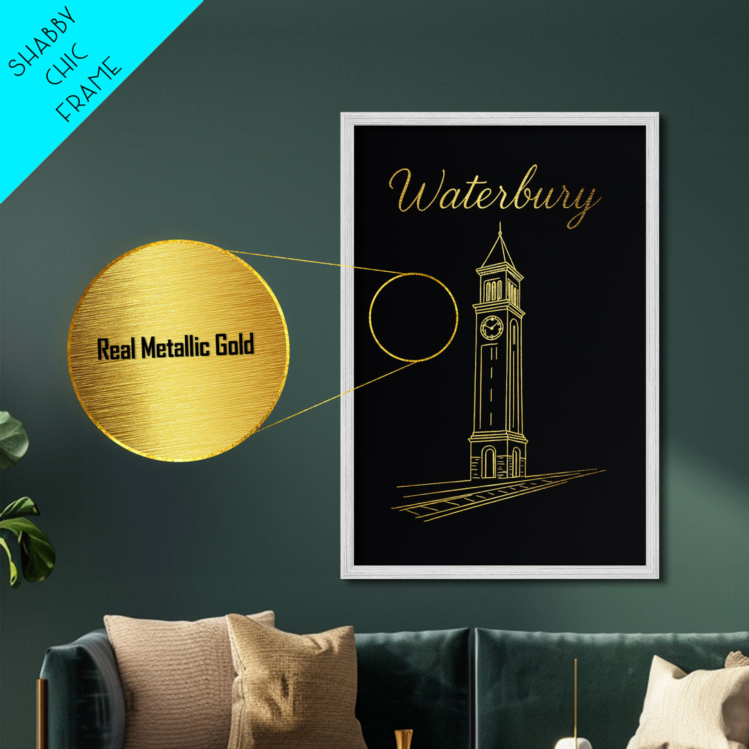 Waterbury Connecticut Travel, Metallic Gold Print, Wood Framed Art, Metal Art, Modern Wall Art, Retirement Travel Gift, Office Decor