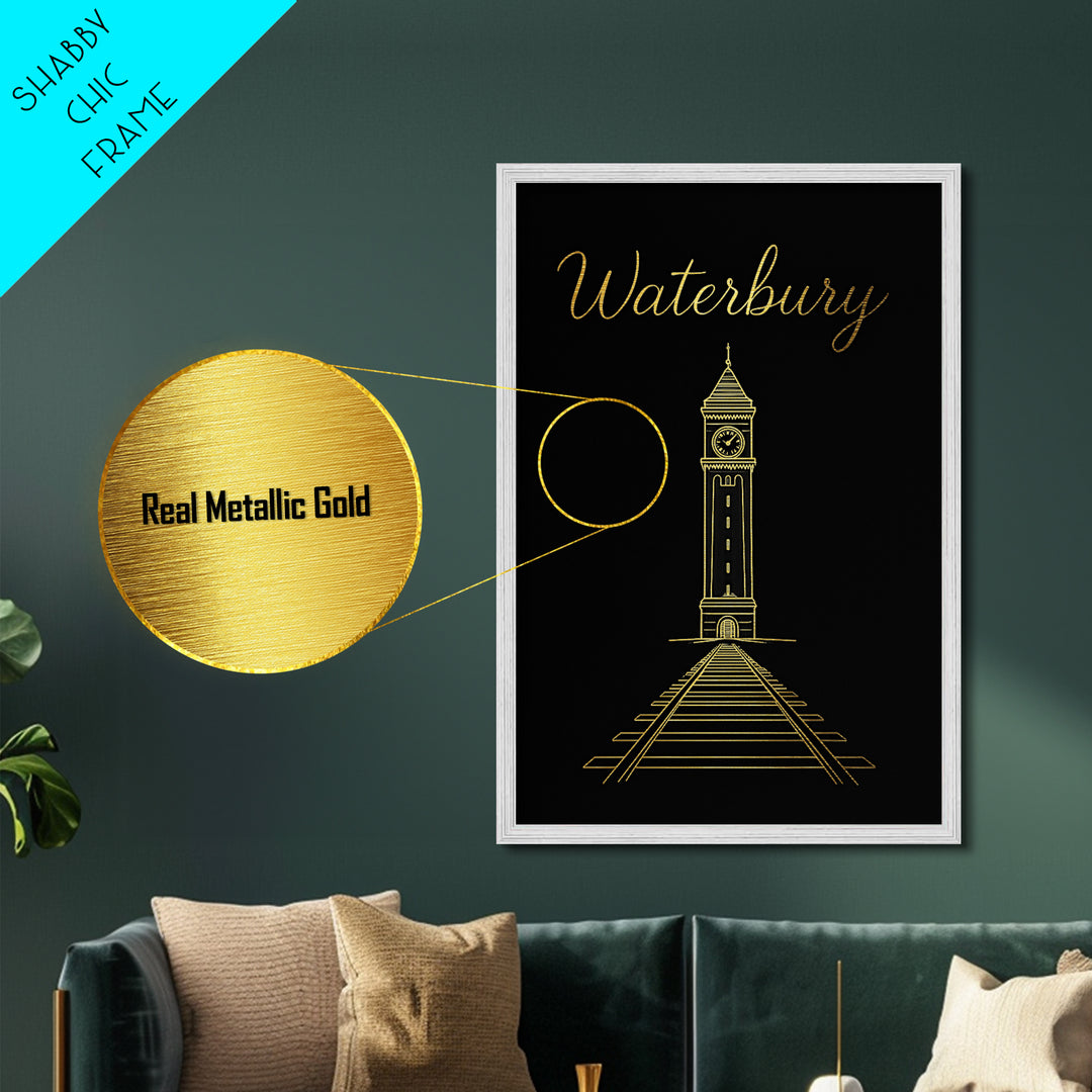Waterbury Connecticut Art, Metallic Gold Art, Wood Framed Art, Metal Art, Modern Wall Art, Adventure Lover Gift, Bedroom Decor