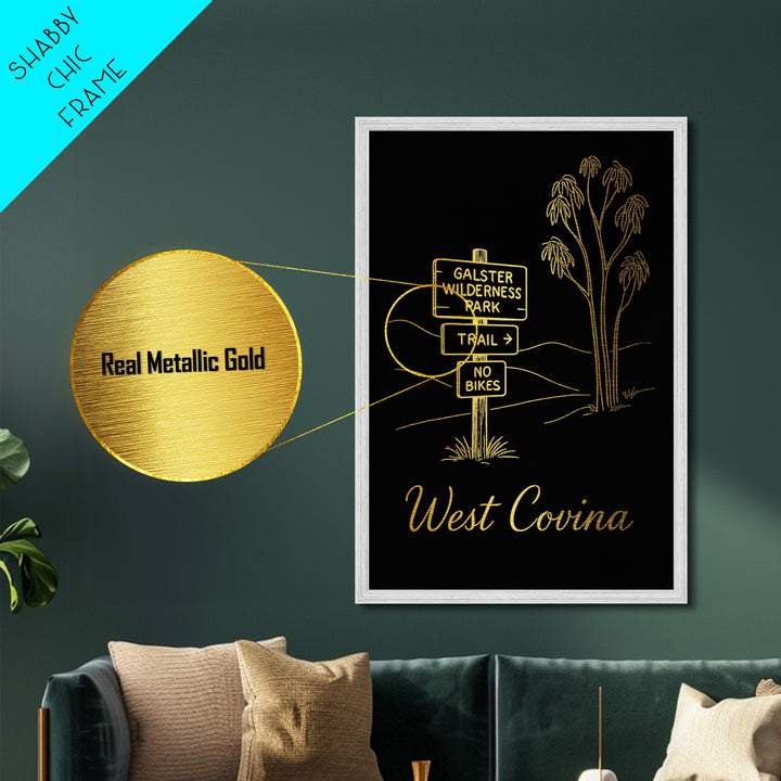West Covina California Travel, Metallic Gold Print, Wood Framed Art, Metal Art, Minimalist Wall Art, Destination Gift, Home Decor