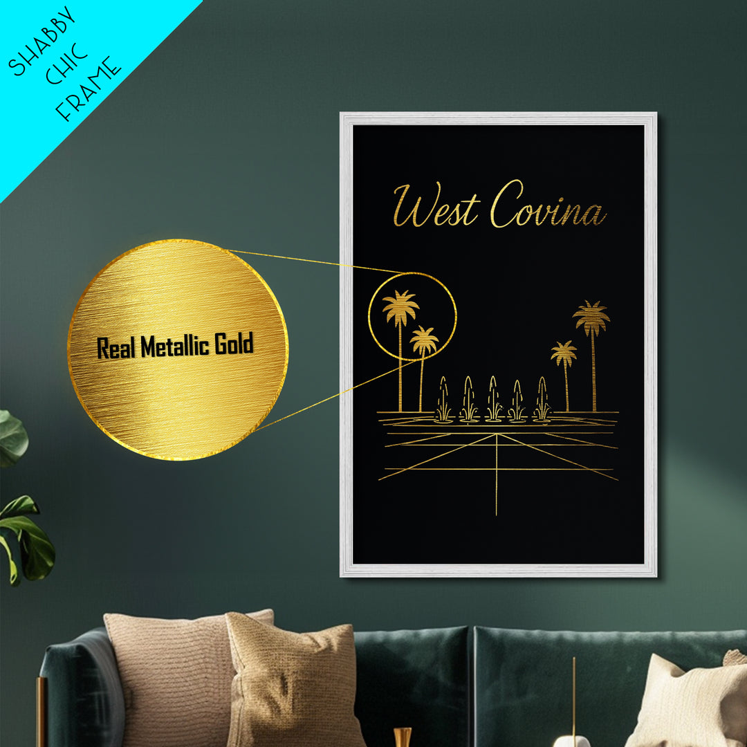 West Covina California Art, Metallic Gold Art, Wood Framed Art, Metal Art, Modern House Art, Wanderlust Gift, Living Room Decor