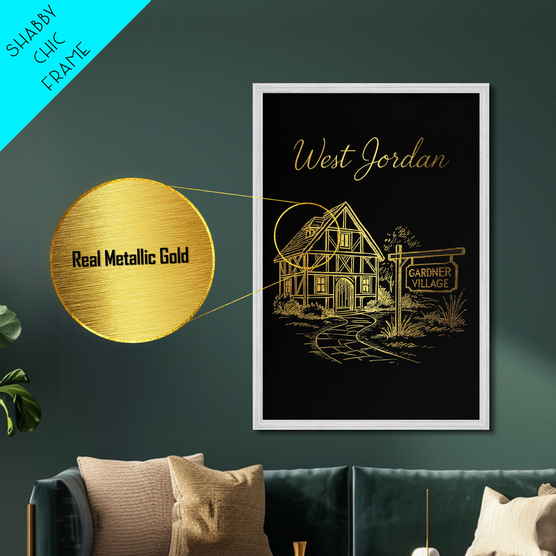 West Jordan Utah Art, Metallic Gold Art, Wood Framed Art, Metal Art, Modern House Art, Birthday Travel Gift, Living Room Decor