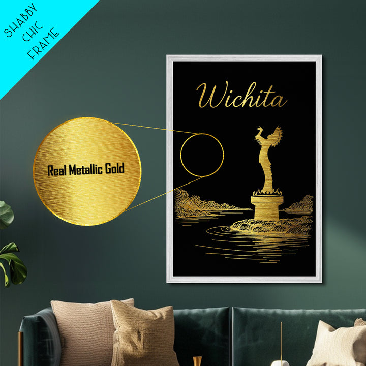 Wichita Kansas Travel, Metallic Gold Print, Wood Framed Art, Metal Art, Minimalist Wall Art, Destination Gift, Home Decor