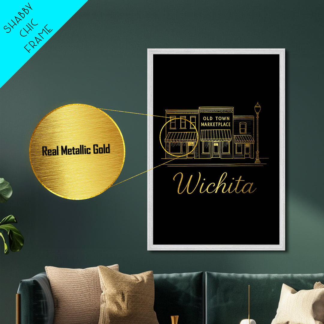 Wichita Kansas Art, Metallic Gold Art, Wood Framed Art, Metal Art, Modern House Art, Wanderlust Gift, Bedroom Decor